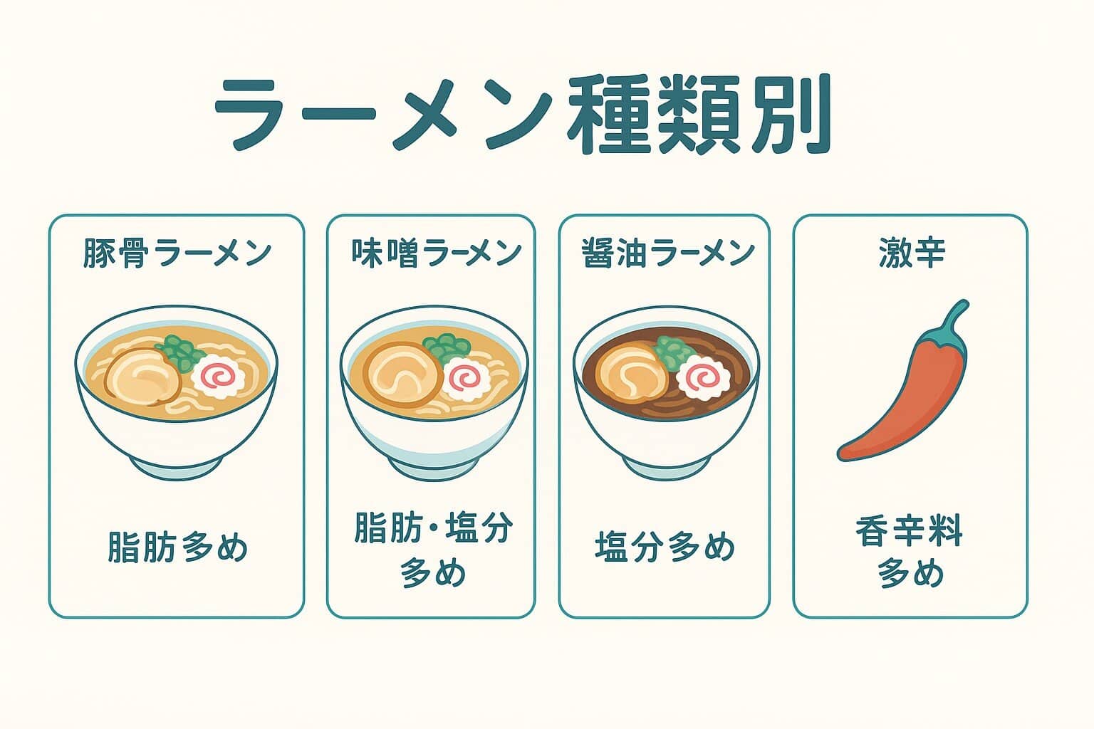 東京都豊島区大塚のおなかとおしりのクリニック 東京大塚のラーメンの種類別下痢リスクを示すイラスト