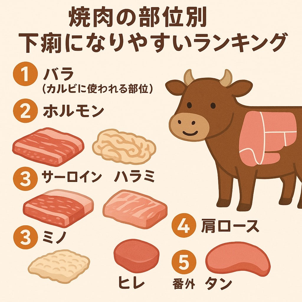 東京都豊島区大塚駅徒歩1分のおなかとおしりのクリニック 東京大塚の医療コラムで使用している焼肉の部位別下痢になりやすいランキングのイラスト
