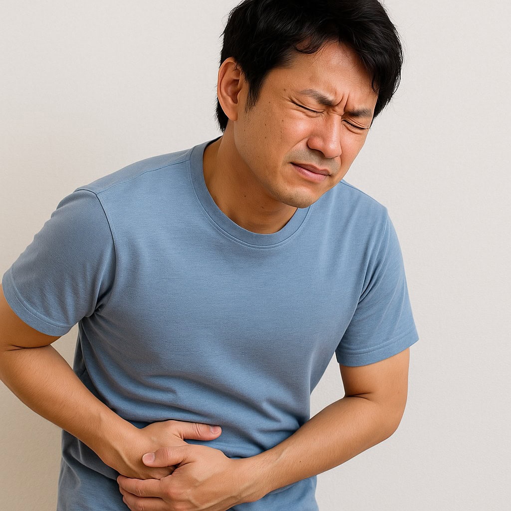 大腸憩室炎　右下腹部に痛みを訴える男性のイメージ