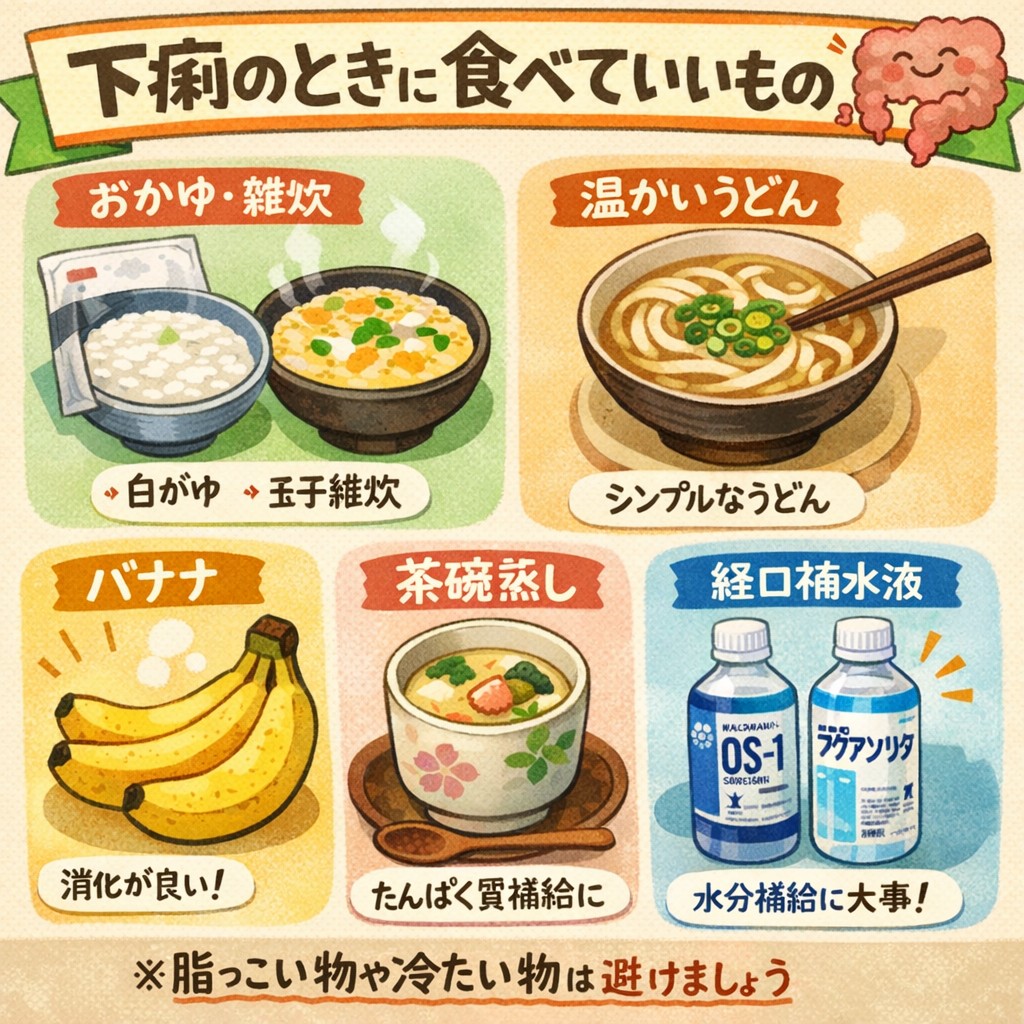 東京都豊島区大塚おなかとおしりのクリニック 東京大塚の下痢の時に食べていい食事のイラスト