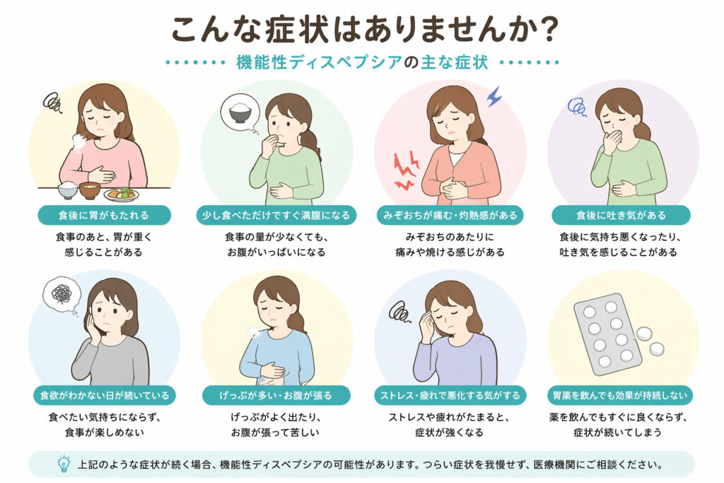 東京都豊島区大塚のおなかとおしりのクリニック 東京大塚の機能性ディスペプシアの症状いろいろイラスト