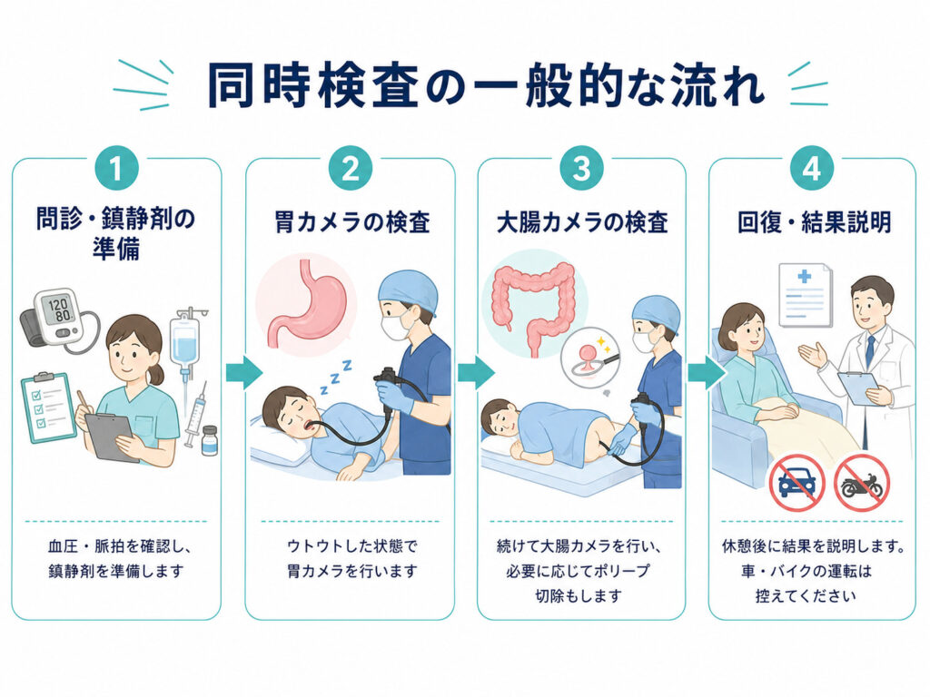 東京都豊島区大塚のおなかとおしりのクリニック 東京大塚の胃カメラ・大腸カメラ同日施行フローイラスト