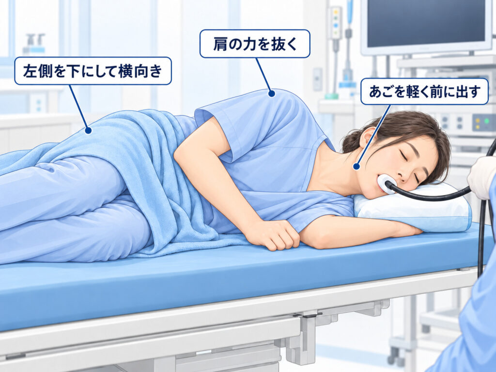 検査台で左を下にして横向きに寝て、肩の力を抜き、あごを軽く前に出した胃カメラ検査中の姿勢